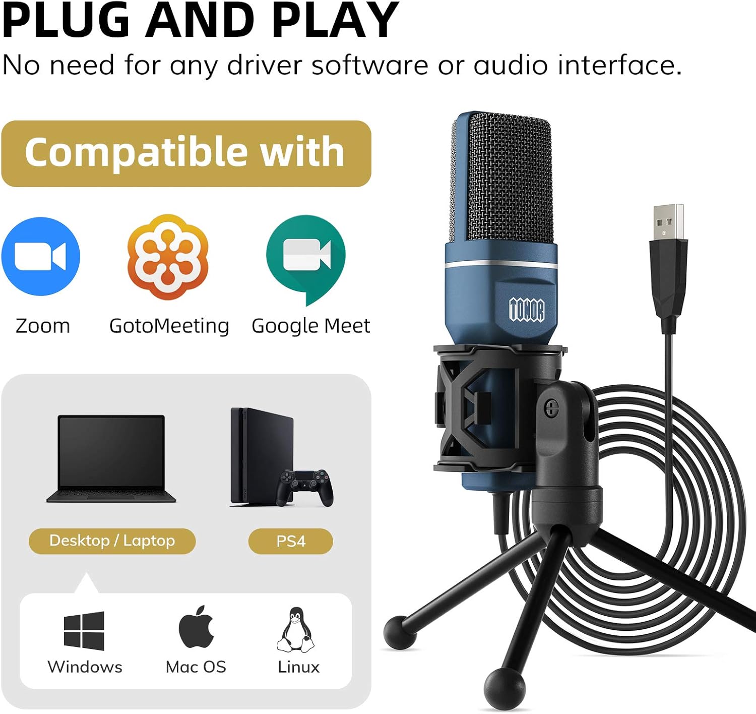 USB Gaming Microphone, TONOR Computer Condenser PC Mic with Tripod Stand & Pop Filter for Streaming, Podcasting, Vocal Recording, Compatible with iMac PC Laptop Desktop Windows Computer, TC-777: Home Audio & Theater