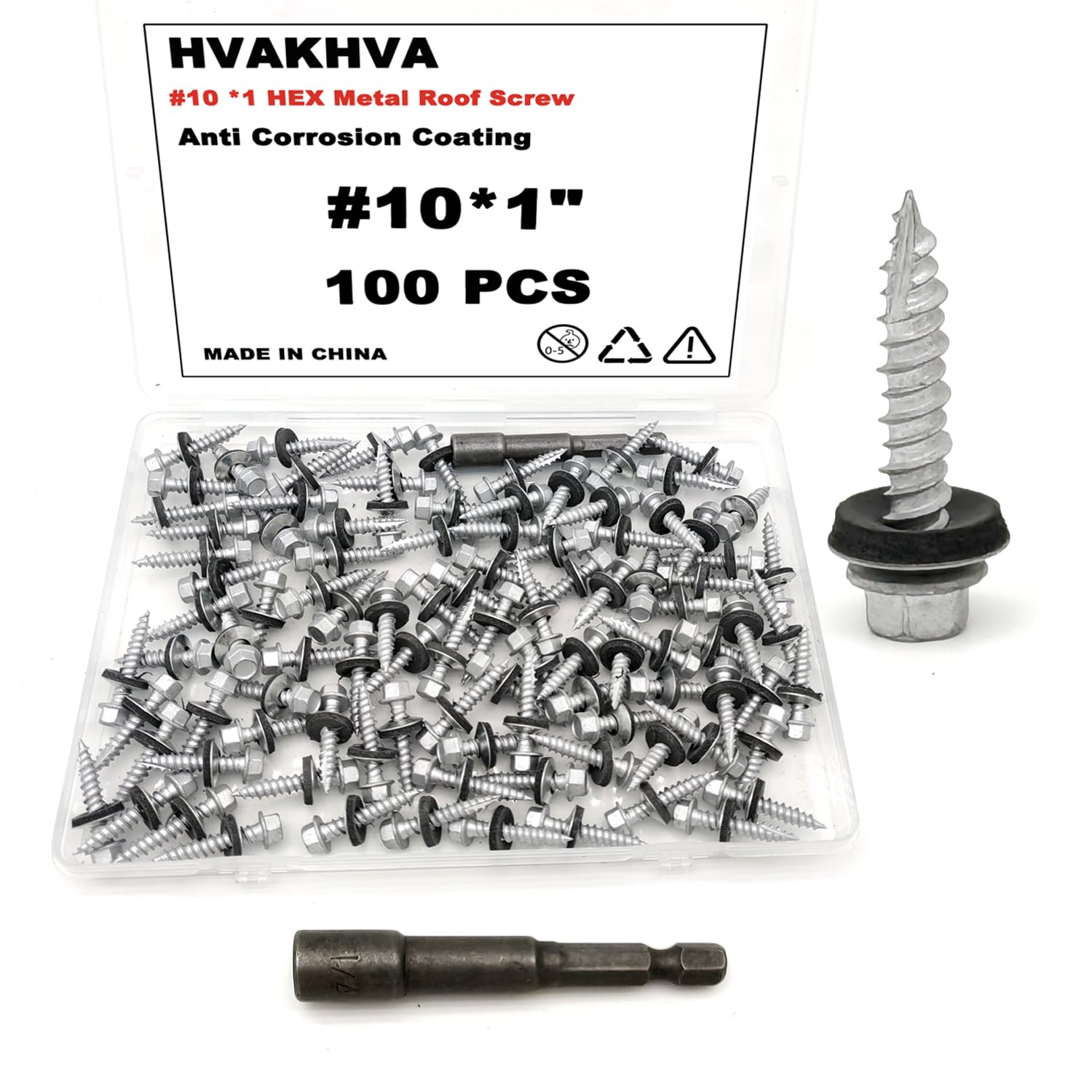 Photo 1 of HVAKHVA Metal Roof Screws #10 x 1 inch, 100 Pack with Magnetic Hex Bit, Anti-Corrosion Coating