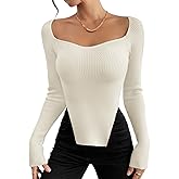 QIANZHIDU Women's Rib Knit Sweetheart Neck Slit Split Sides Long Sleeve Blouse Shirt Top