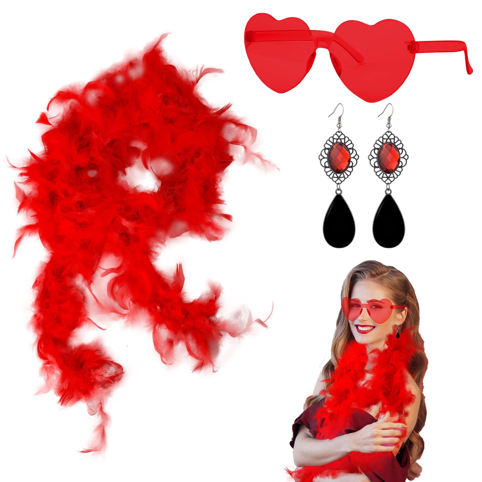 GWAWG 3 Pcs Feather Boa Set, 2 m Colourful Feather Boa with Heart Glasses and Red Earrings, Red Fluffy Boas, Elegant Boas Accessories for Carnival, Party, Wedding, Festive Decoration