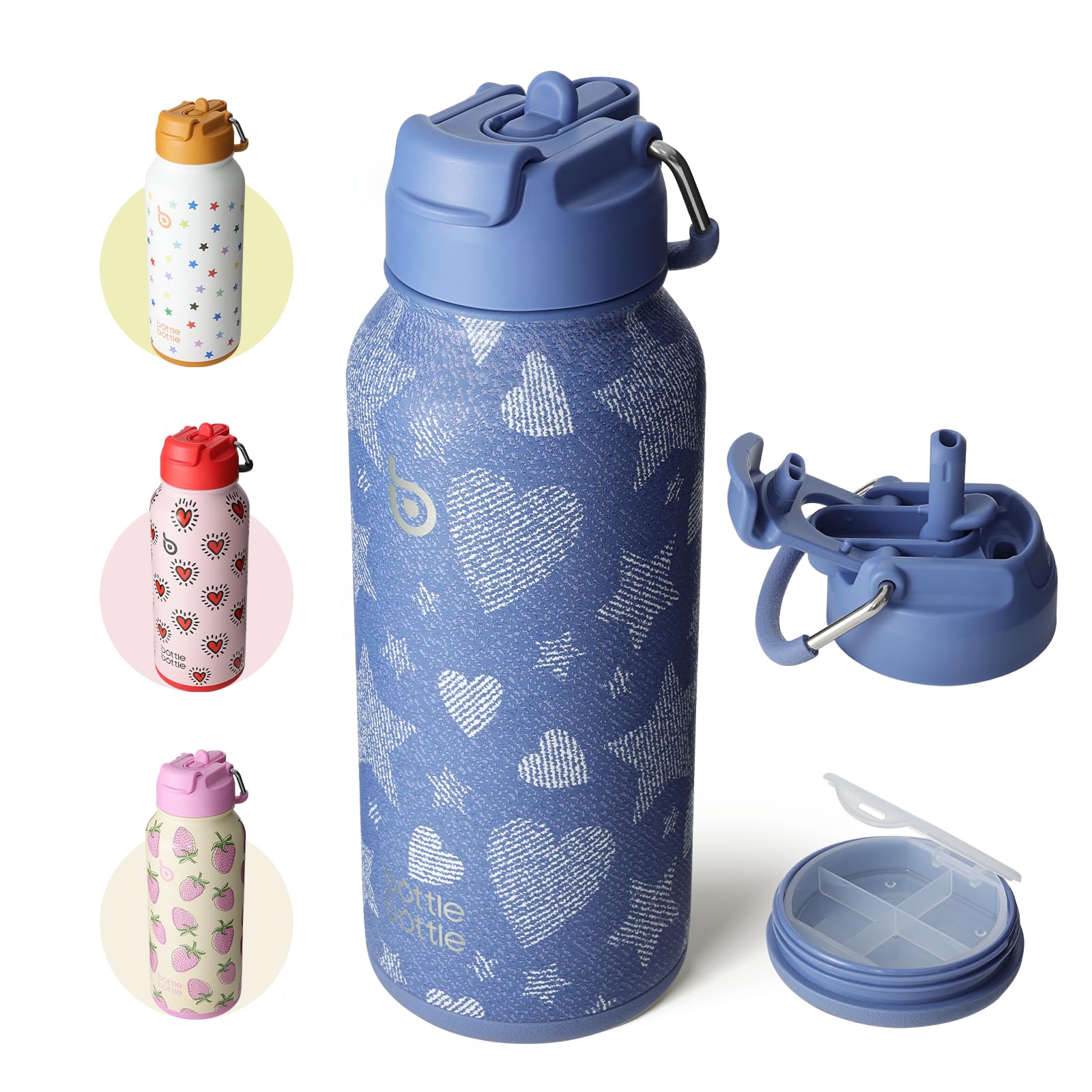 BOTTLE BOTTLE 32oz Insulated Water Bottle Stainless Steel Sport Water Bottle with Straw Dual-use Lid Design for Gym with Pill Box (Denim Beats) Image