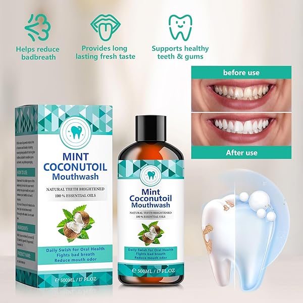 500ML COCONUTOIL MOUTHWASH, NATURAL TEETH WHITENER WITH TONGUE SCRAPER – MINT FLAVOR FOR FRESH BREATH, ORAL CARE AND GUM HEALTH