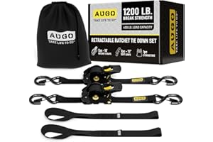 AUGO Retractable Ratchet Straps | 2 Heavy Duty Ratchet Straps Self Retractable Tie Downs with Soft Loops & Storage Bag for Motorcycle, Truck, Trailer, Cargo Van | 1200 Lb Break Strength 1” x 10’