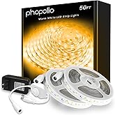 phopollo Warm White LED Strip Lights, 50ft (2 Rolls of 25ft) Dimmable 3000k Warm White Led Light Strip, 900 LEDs Flexible Led Lights for Bedroom, Mirror, Kitchen Decoration