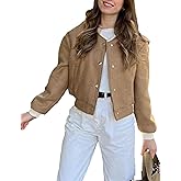 Oulivey Women's Cropped Street Bomber Jacket long sleeve Button Down Crop Tops Coat