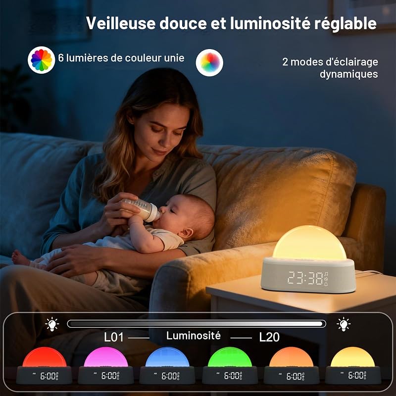 Réveil Lumineux Simulateur d'aube, Eveil Lumière Reveil Matin 8 Couleurs