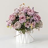 Hbluefat Faux Flowers with Vase,Artificial Silk Flowers in Ceramic Vase,Small Fake Flower Arrangement for Home Office Kitchen Bathroom Coffee Dining Table Centerpiece Decor (Purple,Pomegranate)