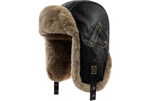 Clakllie Men's Trapper Hat Waterproof Leather Eskimo Cap Fur Russian Ushanka Hats Winter Hunting Skiing Cap with Earflaps