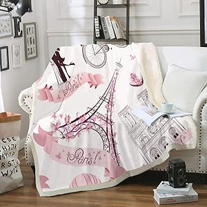 Pink Eiffel Tower Blanket Pink Paris Throw Blanket Romantic Travel in Paris Printed Sherpa Fleece Blanket Soft Comfort Flowers Blanket for Bedroom Couch Sofa (Throw(50
