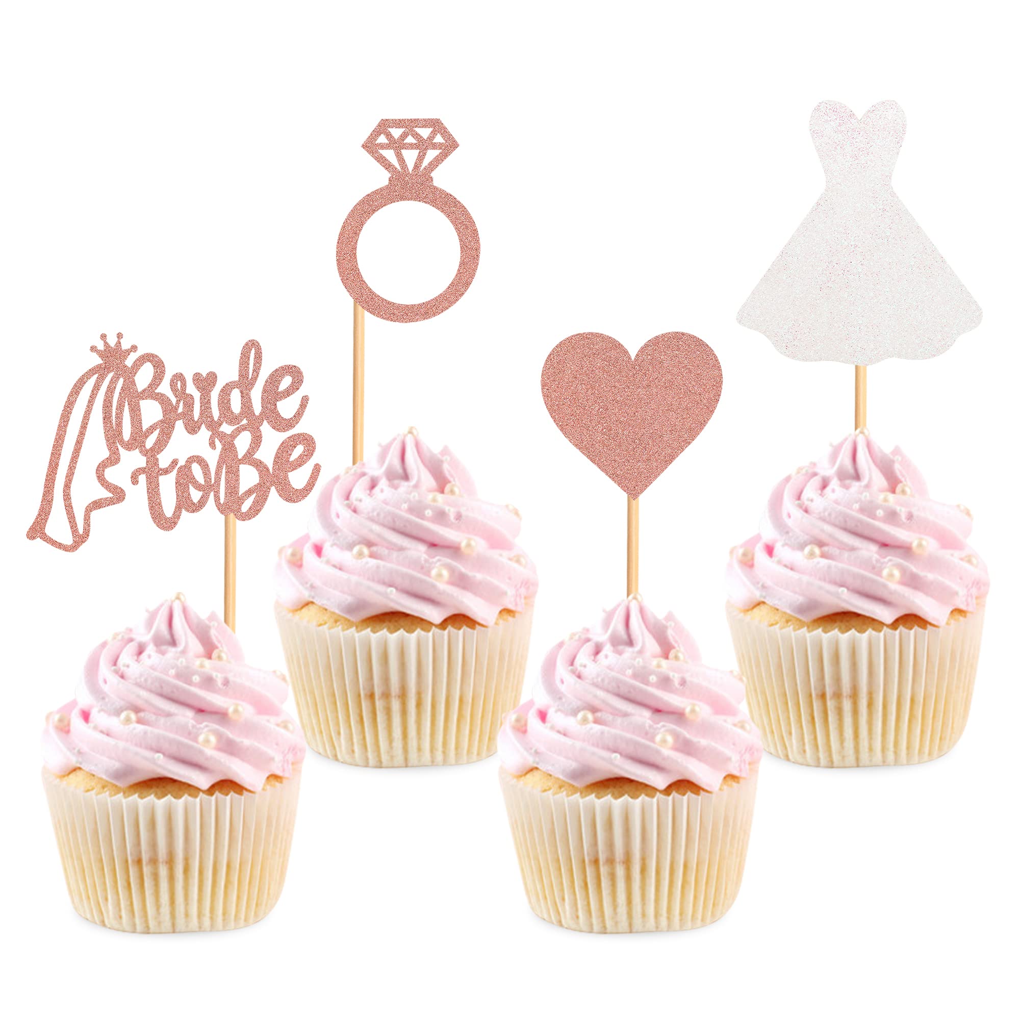 Blumomon 24Pcs Glitter Bride to Be Cupcake Toppers with Diamond Heart Dress Cake Toppers for Bridal Shower Bachelorette Party Hen Party Supplies Engagement Decorations