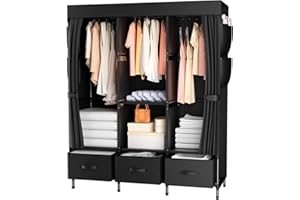 LOEFME Portable Closet, Wardrobe Closet for Hanging Clothes with 3 Drawers and Hanging Rods, 47 x 15.7 x 67 Inch Portable Closets for Bedroom, Durable and Easy to Assemble, Black