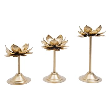 Standing Tealight Holder with Glass for Diwali Decoration Diyas (Pack of 3) Diwali tealight Holder, Metal Candle Holder, Lotus Candle Standing Holder, Diwali Decoration, Diwali Gift