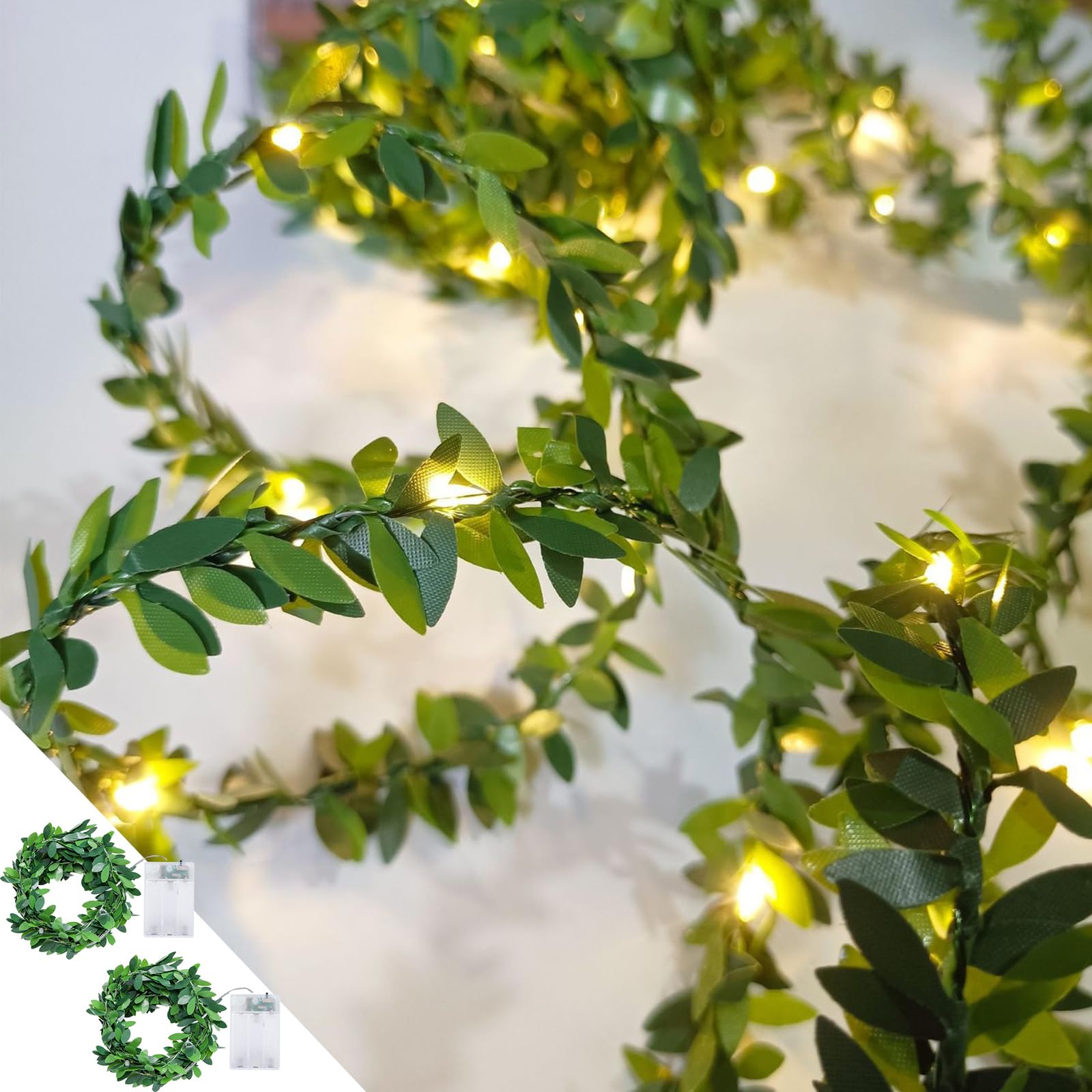Photo 1 of 2 Pack 6ft Fairy Lights with Green Leaf Garland, Battery Operated,20 LED Artificial Garland Plant Vine Light Perfect for Bedroom, Christmas,Wall, Garden, Wedding, Party Centerpiece,Decor (Warm White)