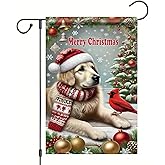 Saoplasa Golden Retriever Christmas Garden Flag 12x18 Inch Double Sided Outdoor Yard Decoration Winter Dog Santa Hat Red Cardinal Festive Holiday Decor