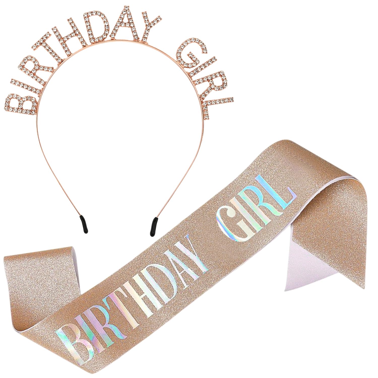 Birthday Sash and Tiara, Glitter Birthday Girl Headband Birthday Sash for Girls Rhinestone Birthday Tiara Birthday Accessories for Women Girls Birthday Party Supplies (Rose Gold)