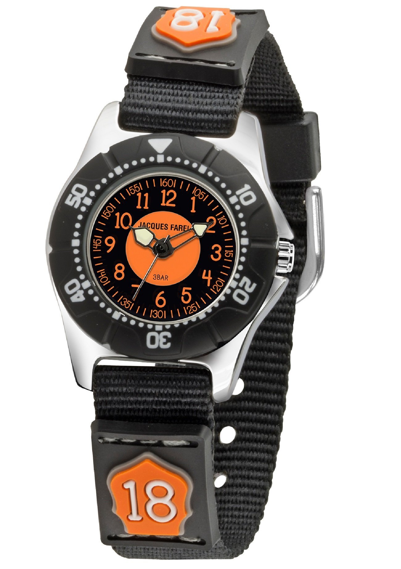 Jacques FAREL KWD 4000 Children's Watch Quartz Analogue Textile Strap Black Orange, black, Strap.