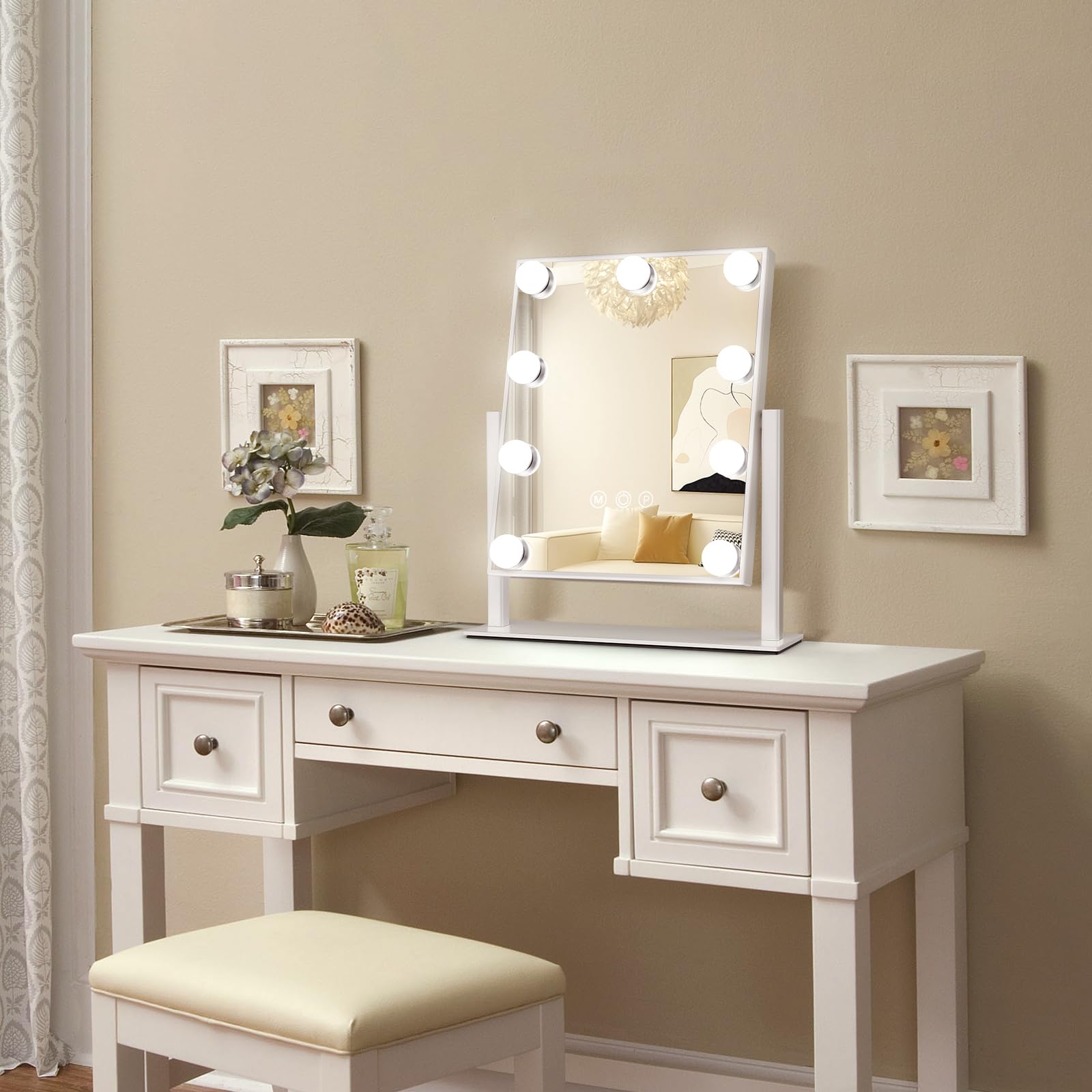 VoxZypher Hollywood Vanity Makeup Mirror with Lights - 9 LED Bulbs, Touch Control, 3 Colors Light, 360° Rotation, Light Up Vanity Mirror for Dressing Room & Bedroom