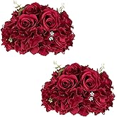 NUPTIO Flower Balls for Centerpieces Wedding: 2 Pcs 11.8 inch Diameter Artificial Flower Ball Arrangement Bouquet Centerpiece for Tables - Burgundy Fake Rose Flowers for Wedding Decor