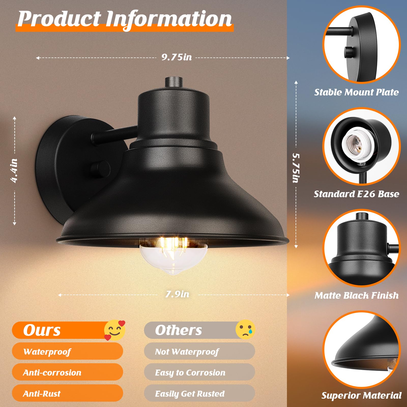 2-Pack Outdoor Light Fixtures Wall Mount, Matte Black Farmhouse Gooseneck Barn Light, Waterproof Exterior Wall Sconces, Industrial Porch Lights for House Garage Patio Entryway Front Door, E26 Socket