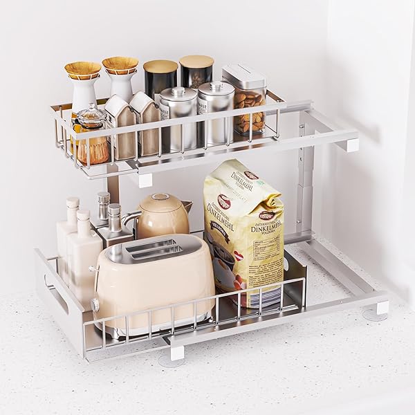 TOYEAR UNDER SINK ORGANIZER, HEAVY DUTY METAL PULL OUT CABINET ORGANIZER SLIDE OUT SINK SHELF ORGANIZER HEIGHT ADJUSTABLE, MULTI-PURPOSE STORAGE SHELF FOR KITCHEN BATHROOM(SLIVER,1PACK)