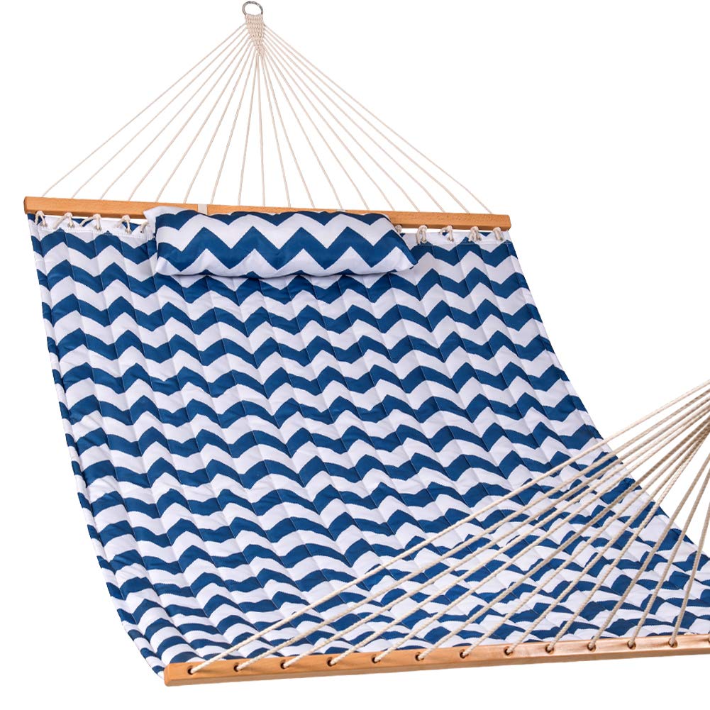 Lazy Daze Hammocks Quilted Fabric Hammock Hardwood Spreader Bar Poly Pillow, 55" Double Size, Blue Chevron Stripe