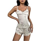 SOLY HUX Women's 2 Piece Satin Pajama Sets Lace Floral Print V Neck Cami Top and Shorts Loungewear