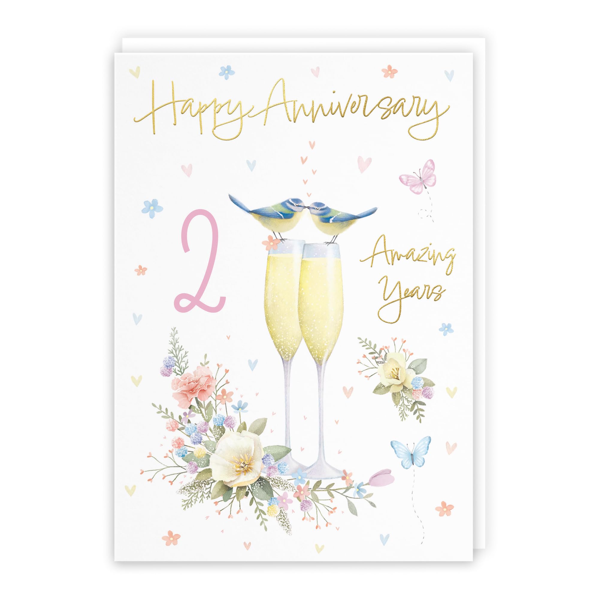 Hunts England - 2nd Anniversary Card For Him Or Her - A5 Size - Champagne Flutes - Gold Foil - 2nd Anniversary Card For Couples, Partner, Husband, Wife, etc. - Milo's Gallery
