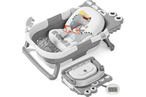 TPN Collapsible Baby Bathtub, Baby Bath Tub with Soft Cushion & Real-Time Thermometer, Baby Bathtub Infant to Toddler Tub (0-36 Months), Portable Travel Baby Tubs for Newborns (Grey)
