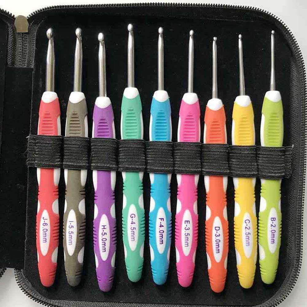 VOANZO Crochet Hooks Set, 9pcs Soft Rubber Handle Template Kit TPR Knitting Needles Set Aluminum Hook Crochet Hooks Loom Tool Band DIY Crafts