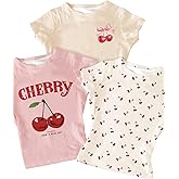 RoseSeek Girl's 3 Packs Graphic Tees Vacation Hibiscus Top Crewneck Short Sleeve Cute Summer T Shirt