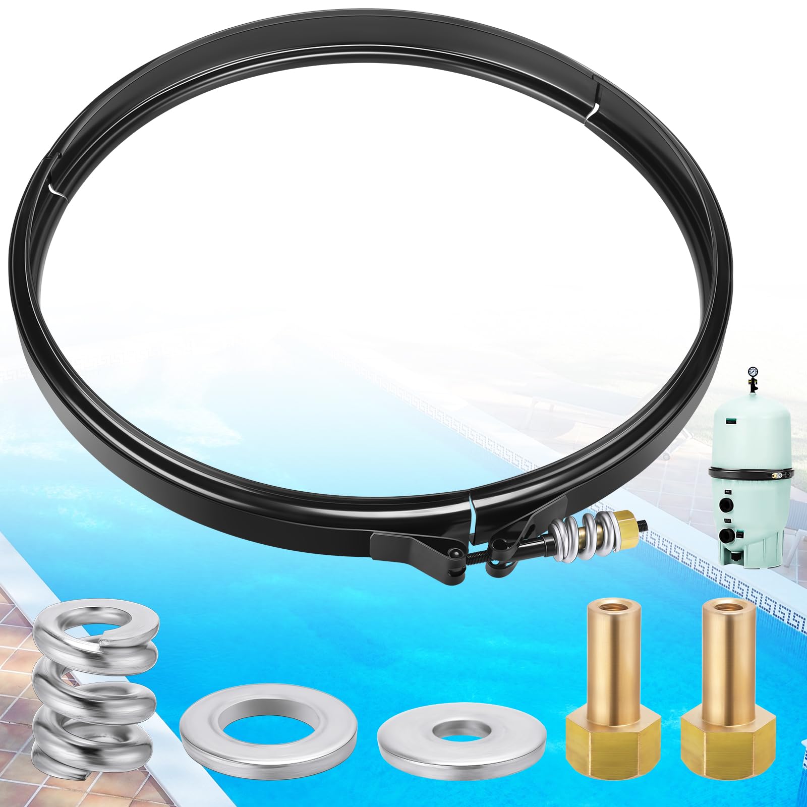 Photo 1 of ***(PARTS ONLY/ MAJOR DAMAGE/ MISSING PARTS. NON FUNCTIONAL)***JaGely 190003 Pool Filter Tension Control Clamp Kit Compatible with Pentair, Fns Plus, Clean and Clear Plus with 194997 Machined Nut Replacement and 53108900 Spring Barrel Nut Part for Pool Sp