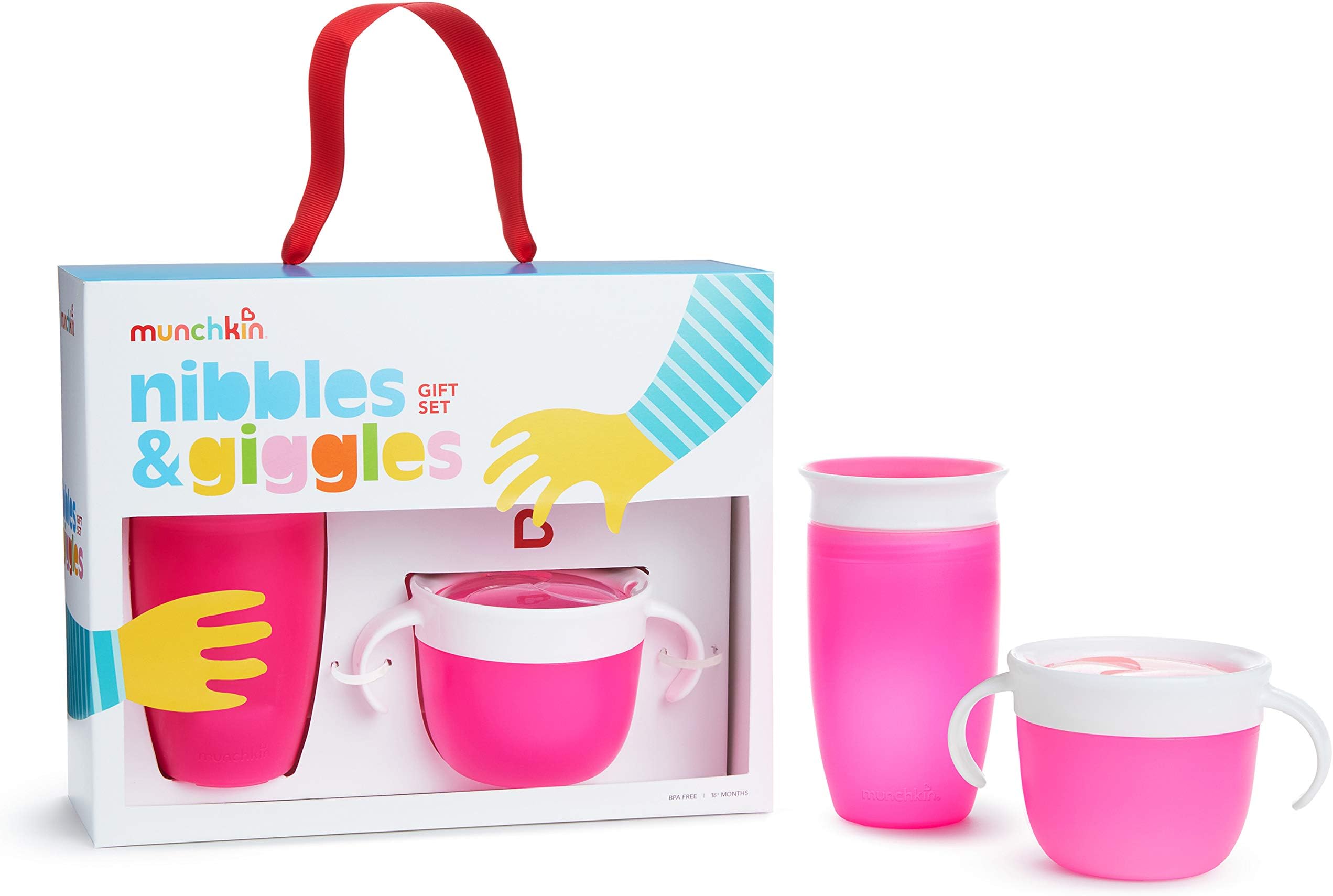 Munchkin Nibbles and Giggles Toddler Gift Set, Includes 10 oz Miracle 360 Cup and Snack Catcher, Pink