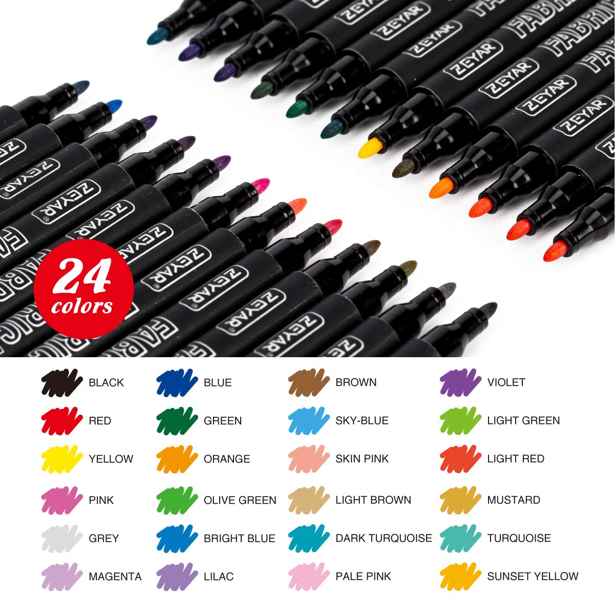 ZEYAR Permanent Markers Fabric Art Pens, Great on Bags, Shoes, T-shirts & Other Fabric Paint Materials - Child Safe & Non-Toxic For Washable Art and Lettering, Fabric Paints (24 Colors)