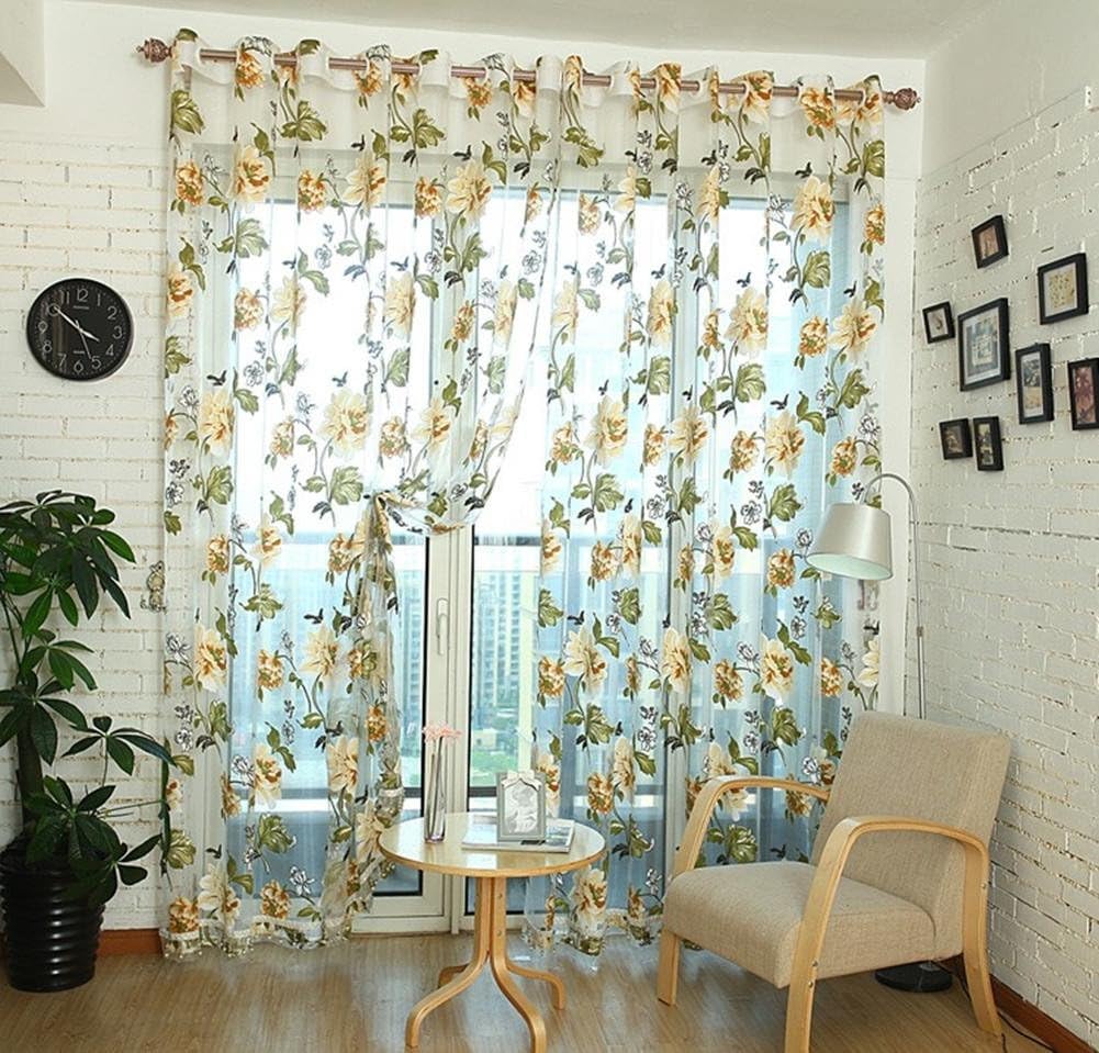 Yellow Flower Cotton Yarn Sheer Tulle Curtains For Living Room Window Screening Eyelets Sheer Voile Curtain 200cmx270cm(78.7x106-inch)-1 Piece, Grommet Top, 200 * 270cm