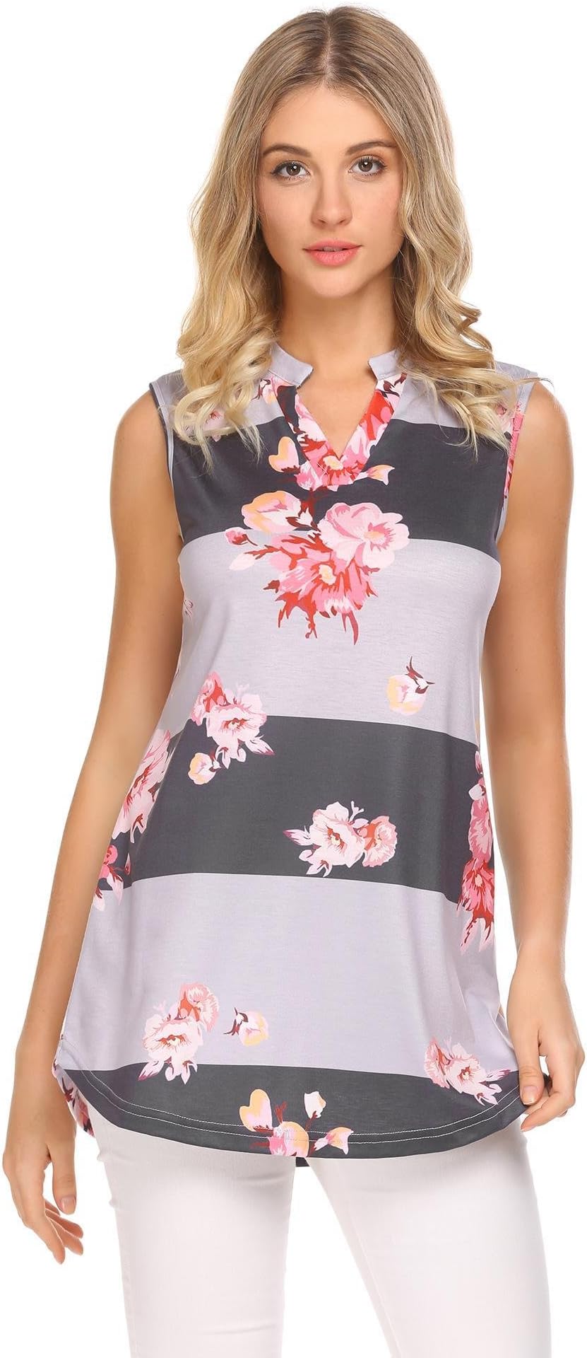 Hersife Women's Casual V Neck Sleeveless Floral Tunic Blouse Shirts Tank Tops