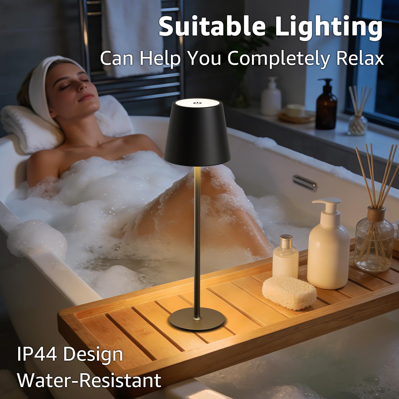 MALUX LED Tischlampe Kabellos 2 Stück Touch Dimmbare 2700K-4000K Metall IP44 Wasserdicht, USB-C Aufladung, 8-15h Akkulaufzeit Tischleuchte für Garten Esstisch Schlafzimmer Balkon Hotel (Schwarz) 5