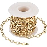 Pandahall 16.4 Feet Brass Textured Cable Chain Link Real 18K Gold Plated Soldered Twisted Chain 8x5.7x0.8mm with Spool for DIY Necklace Jewelry Making
