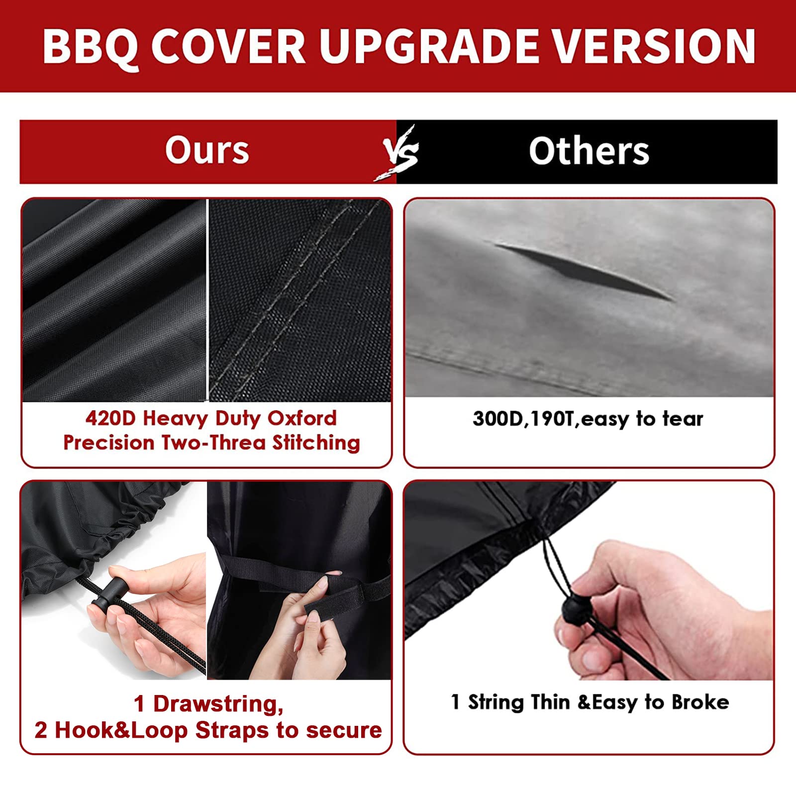 GARPROVM Grill Abdeckhaube, Grillabdeckung wetterfest Gasgrill Abdeckung Grillhaube Wasserdicht Winddicht Staubdicht BBQ Abdeckplane für Weber Brinkmann Char Broil, 183 x 66 x 130cm 6