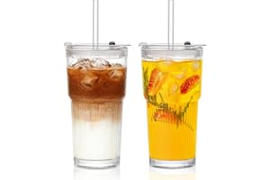 INSETLAN Glass with Lid and Straw, Pack of 2, 580 ml/20 oz Ribbed Glass Cups with Lid and Straw for Iced Coffee, Juice, Smoot