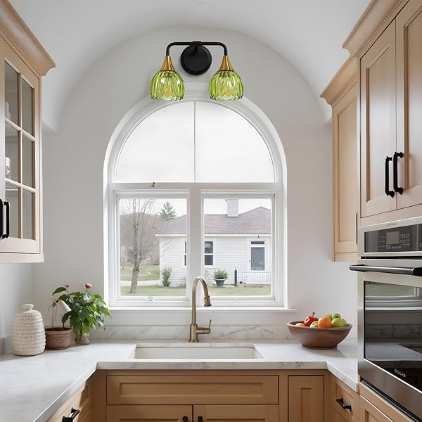 HAHZT BATHROOM VANITY LIGHT FIXTURES: 2-LIGHTS VINTAGE BATHROOM LIGHTS OVER MIRROR WITH RIBBED GREEN TULIP GLASS SHADE – 14 INCH BLACK AND GOLD WALL SCONCE BATH LIGHTING