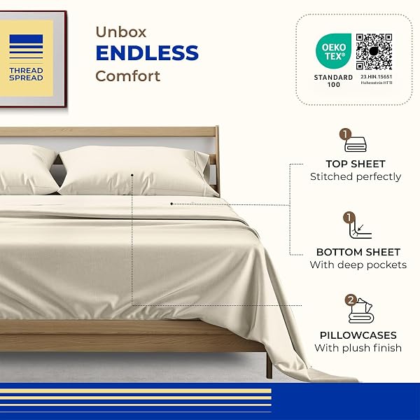 THREAD SPREAD CALIFORNIA KING BED SHEETS, LUXURY 1000 SERIES PARADISE COLLECTION 100% EGYPTIAN COTTON CAL KING SHEETS SET (4 PC, IVORY), SILKY SOFT, COOLING, 16″ DEEP POCKET HOTEL SHEET SET