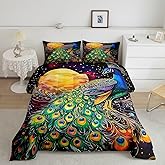 jejeloiu Peacock Bedding Set Queen Size Beautiful Bird for Adult Kids Boys Girls Green Blue Duvet Set Comforter Set Moon Pattern Quilt Set 3Pcs