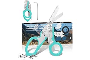 PATWING 6 In 1 Emergency Shears, Stainless Steel Foldable Trauma Shears with Strap Cutter and Glass Breaker, Outdoor Camping Scissors Tools (Light Blue)