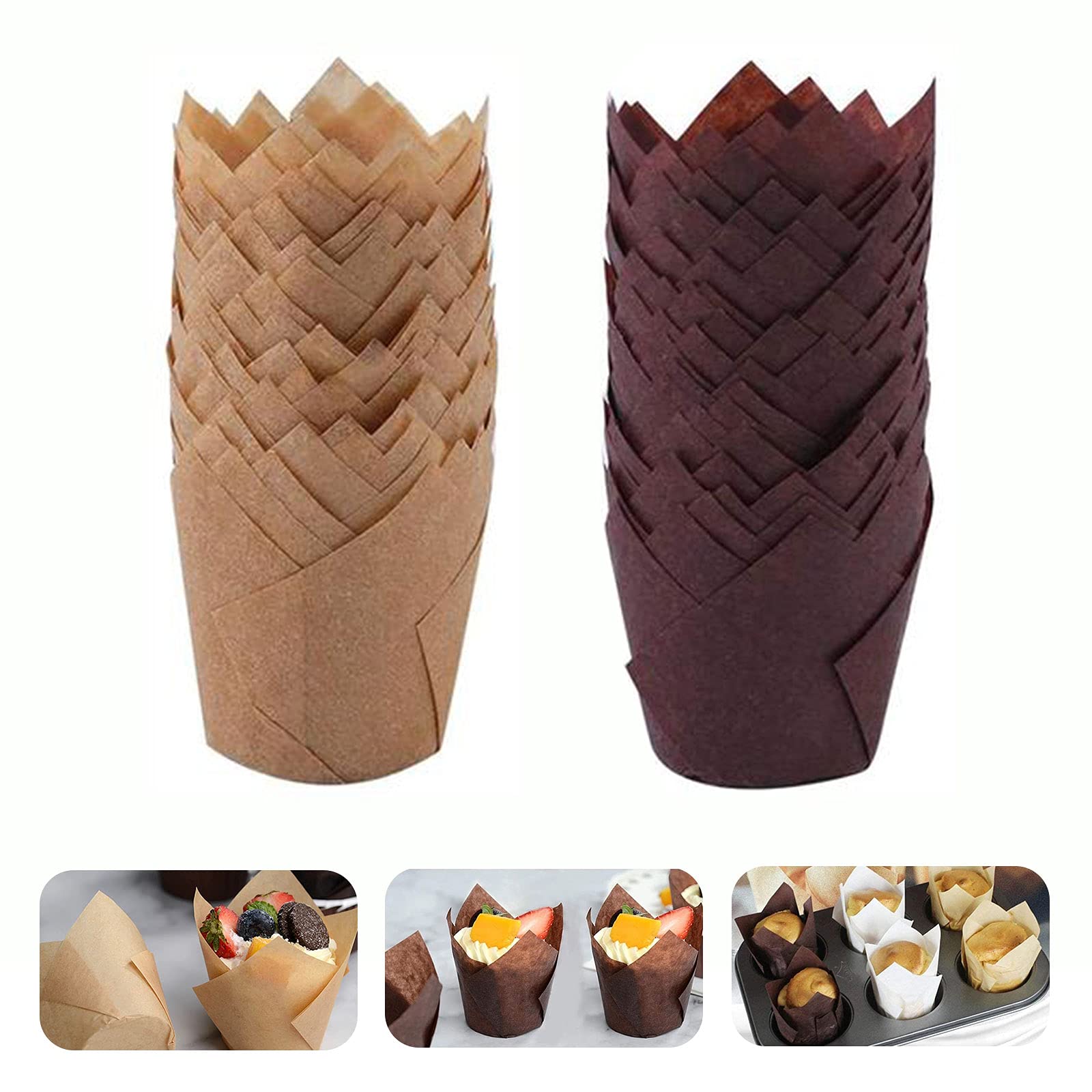 TSLBW Tulip Cupcake Cases, 200Pcs Baking Cases Greaseproof Muffin Cup for Weddings, Birthdays, Nature and Brown, 2 Inches (2 Colors 200pcs)