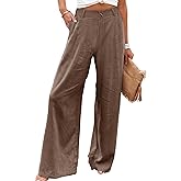 Hooever Womens Cotton Linen Pants Casual Button Up High Waisted Wide Leg Trousers