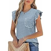 JUSTFASHIONNOW Womens Summer Tops Striped T-Shirts 2026 Ruffle Short Sleeve Crew Neck Casual Blouses with Pocket