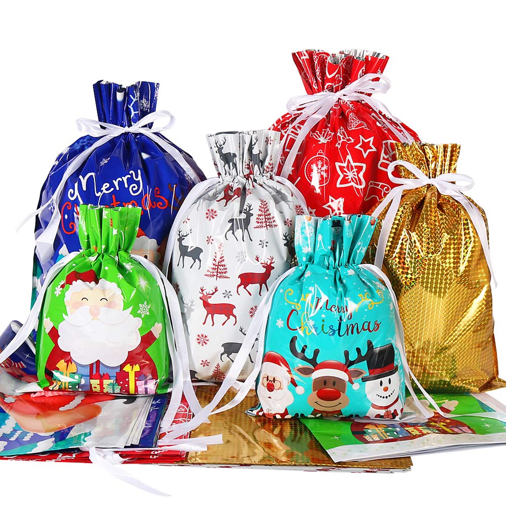 30pcs Drawstring Gift Bags, Large Xmas Gift Wrapping Bags Multipack for Presents Santa Sacks Assorted Sizes for Holiday Festival Party