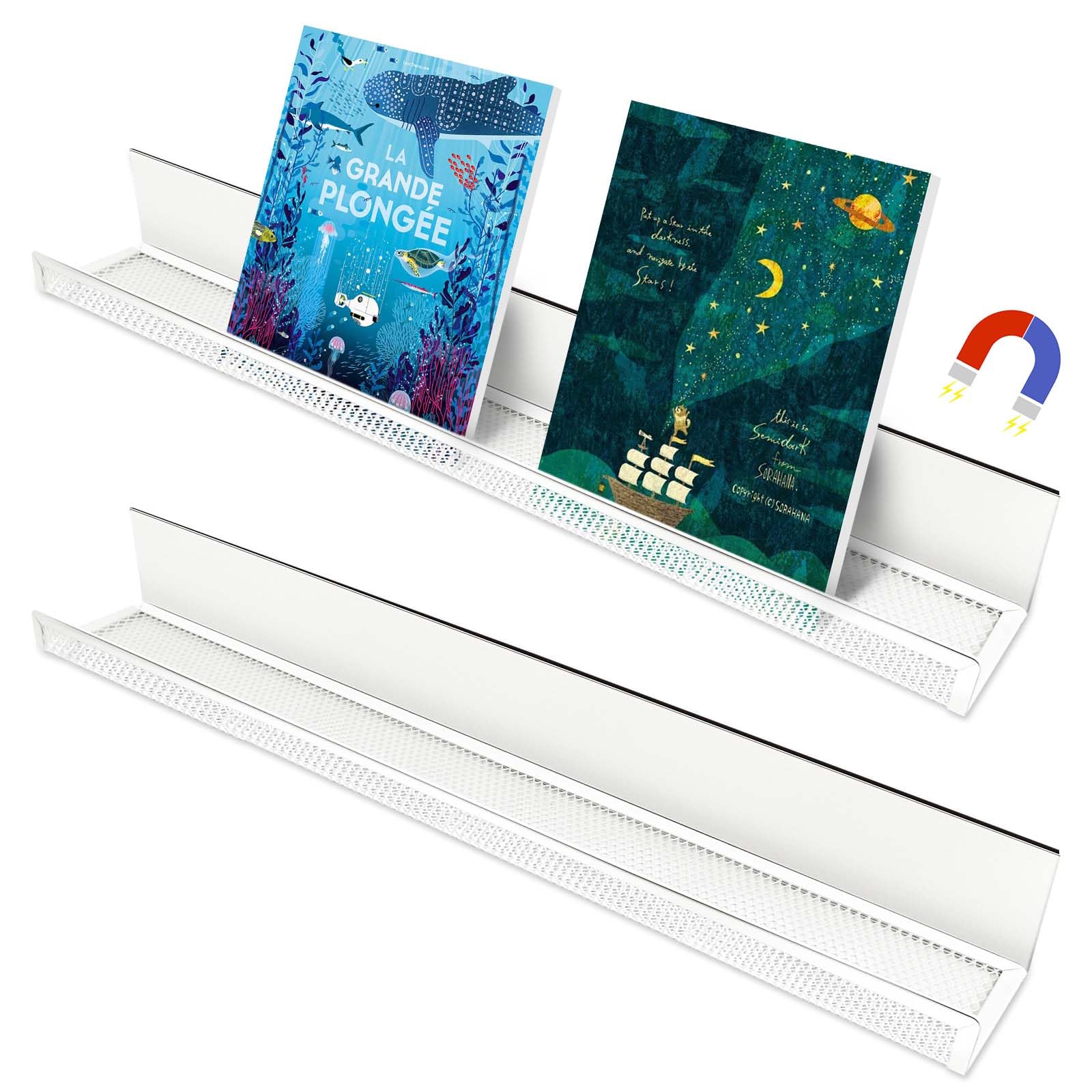 Photo 1 of 2 Pack White Metal Magnetic Book Shelf for Whiteboard Classroom, 17Inch Floating Book Display Shelves Heavy Duty Magnetic Book Holder Magnet Refrigerator Organizer for Kid Room Office Teacher Storage
