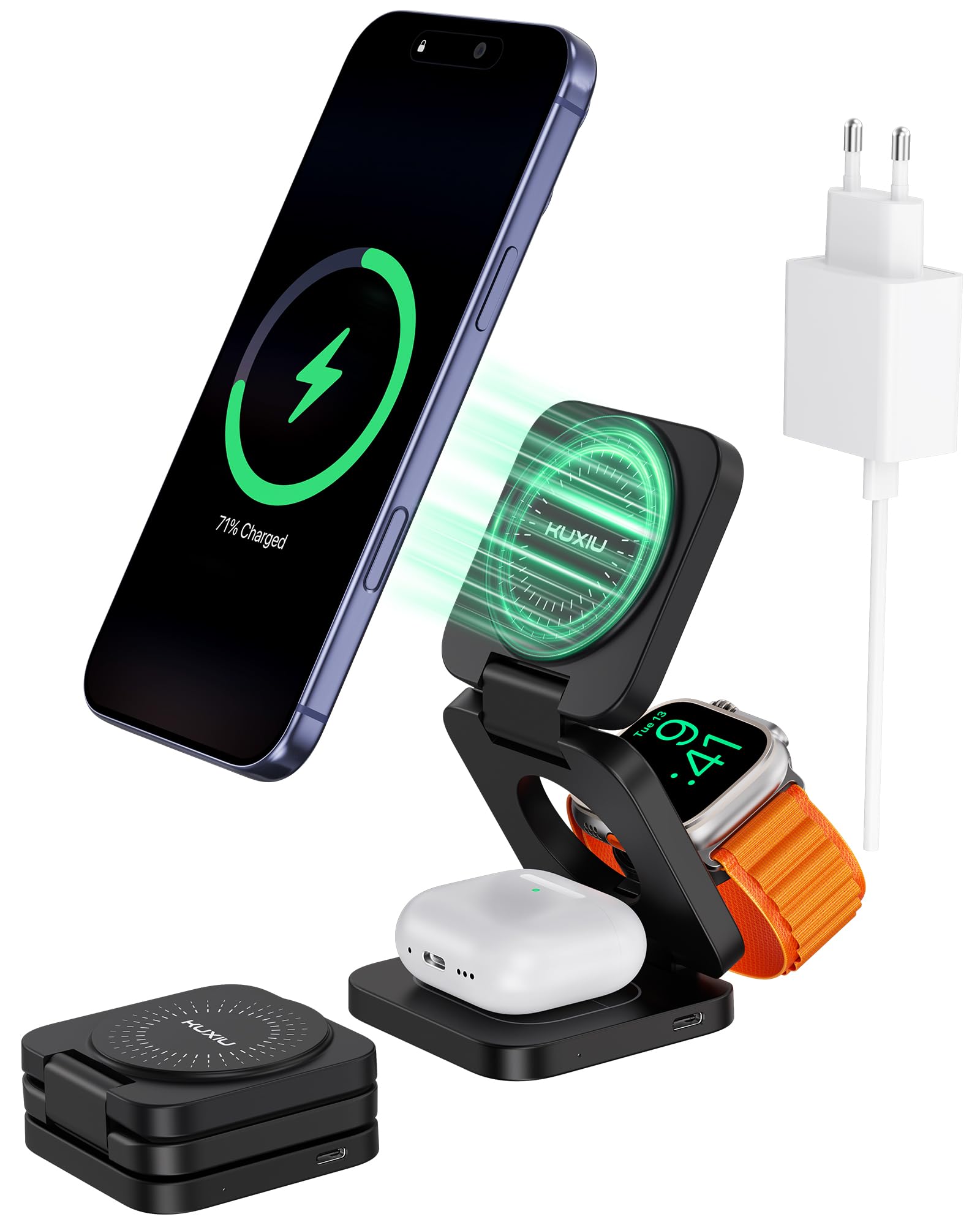 KU XIU X55 Turbo Qi2.2 25W Ladestation für Magsafe, Faltbar 3 in 1 Ladestation für Apple Watch und iPhone 17-12 & AirPods, Magnetisches Ladegerät Ständer Reise Wireless Charger, 45W Adapter, Schwarz