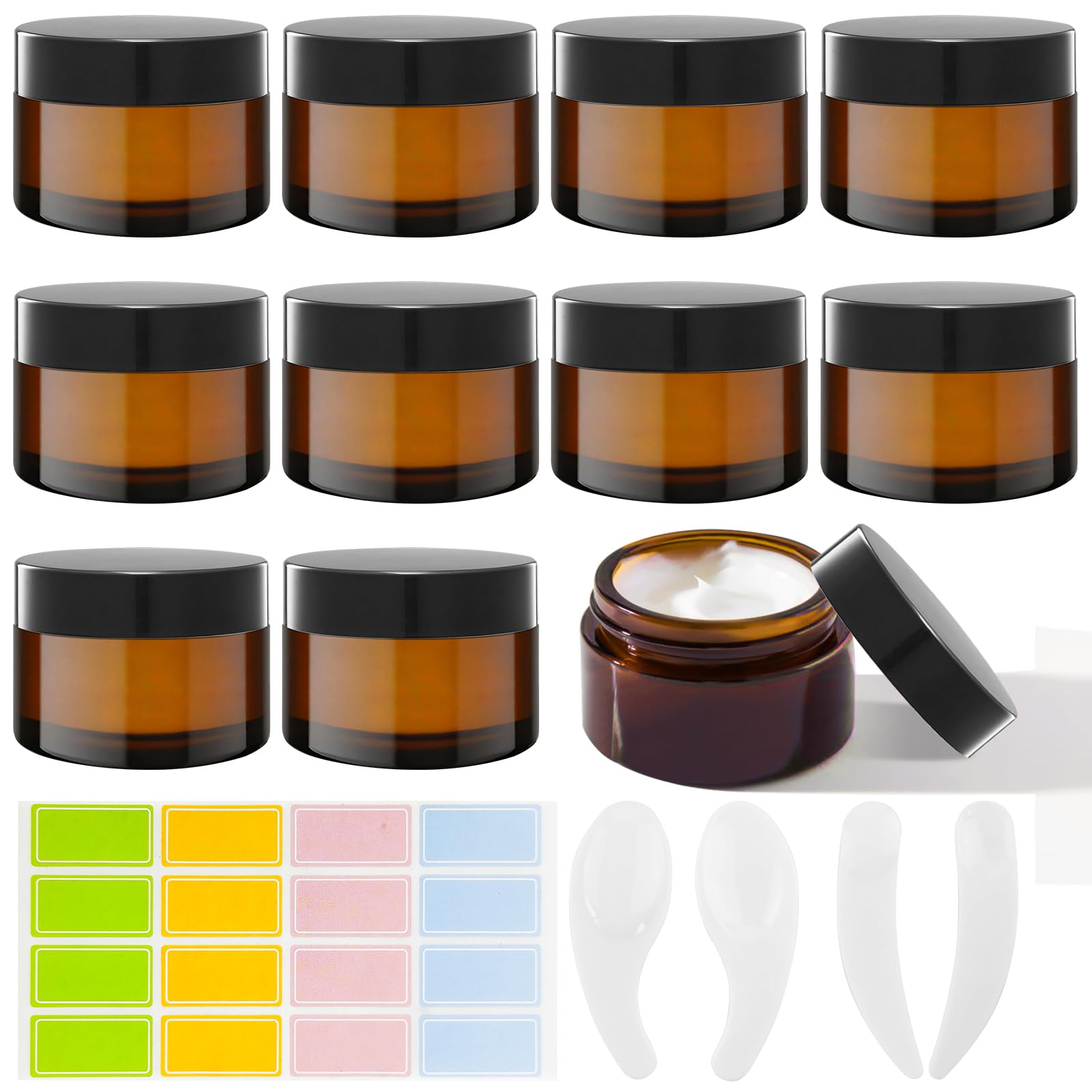 HaveCue 10Pcs 20ml Amber Glass Jars, Small Travel Jars for Toiletries, Round Empty Cosmetic Pots with Lids, Labels, Spatula as Make Up Sample, Cream, Lotion, Powder, Ointment, Essential Oil Containers